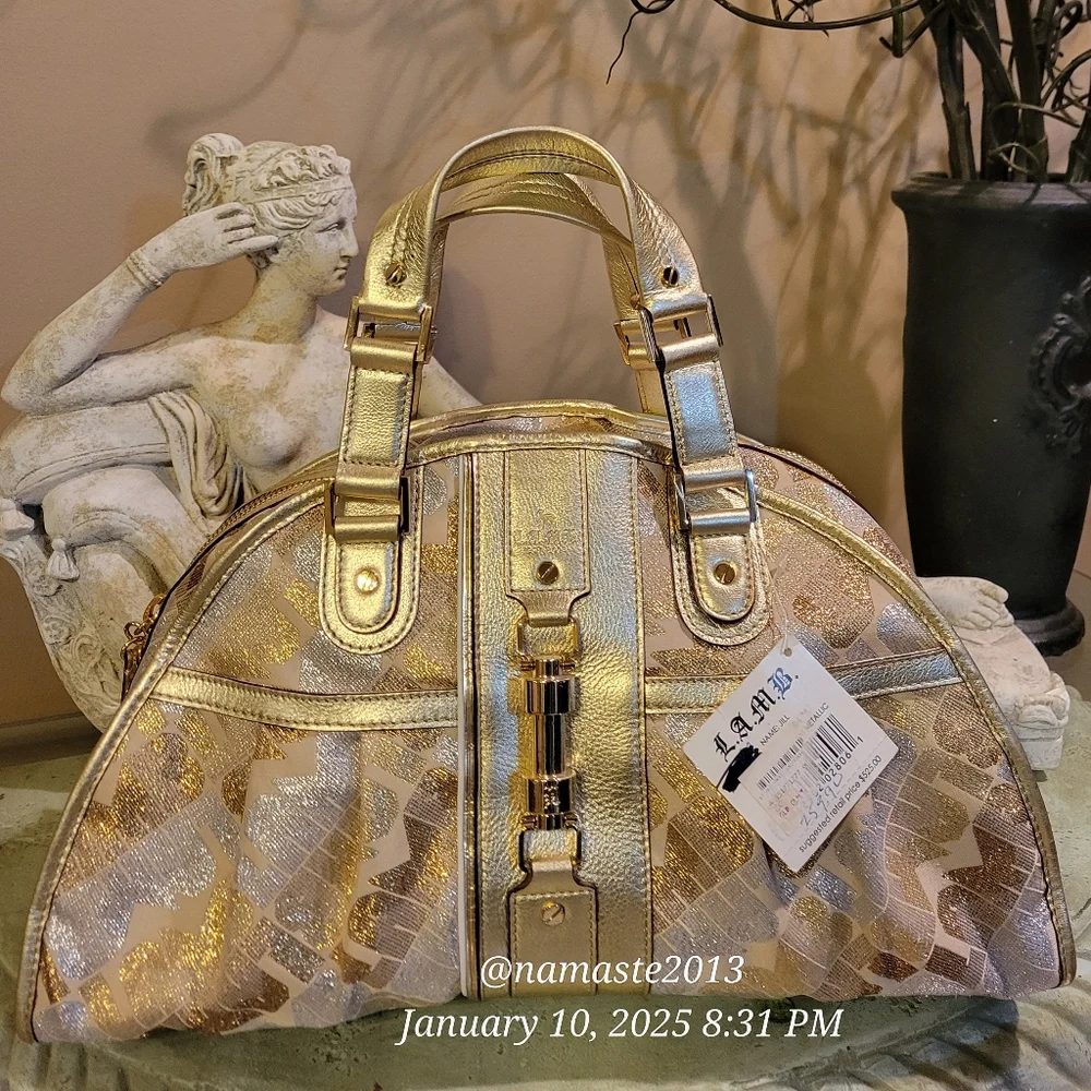L.A.M.B. Gwen Stefani Gold Glam Jill Satchel Luxury Designer Metalic Leather 81 - Picture 15 of 15
